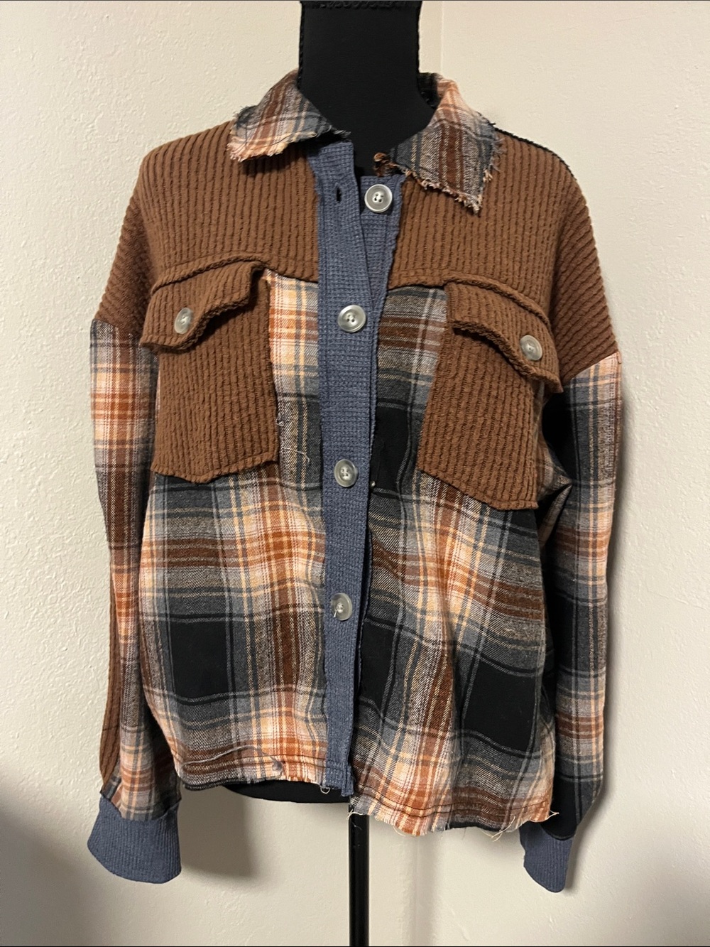 Oli & Hali -Mixed Media Plaid Button-Up Shirt Jacket in Brown and Blue-Medium